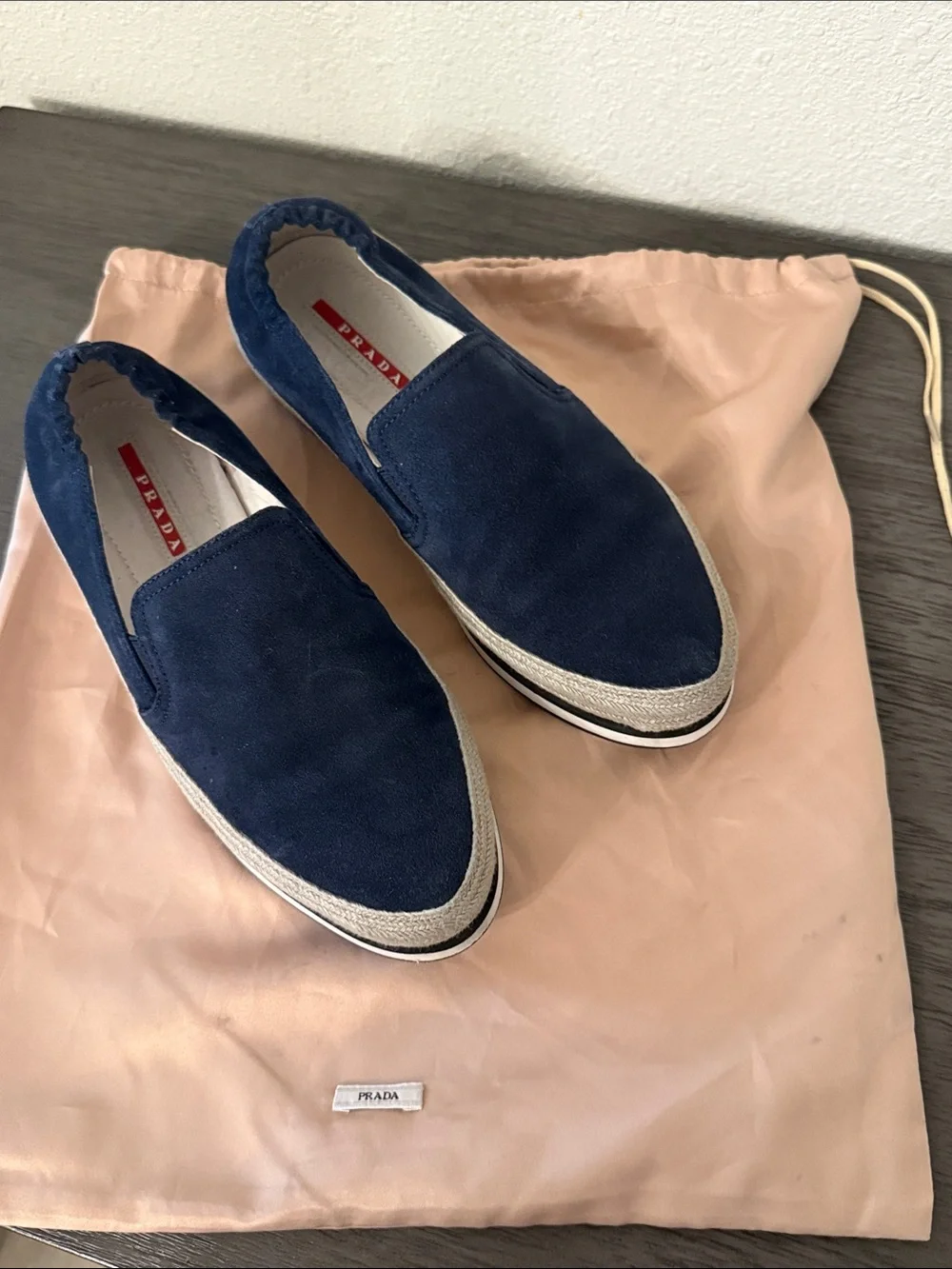 PRADA Navy Blue Suede Espadrille Platform Slip on Sneakers IT 37 US 7